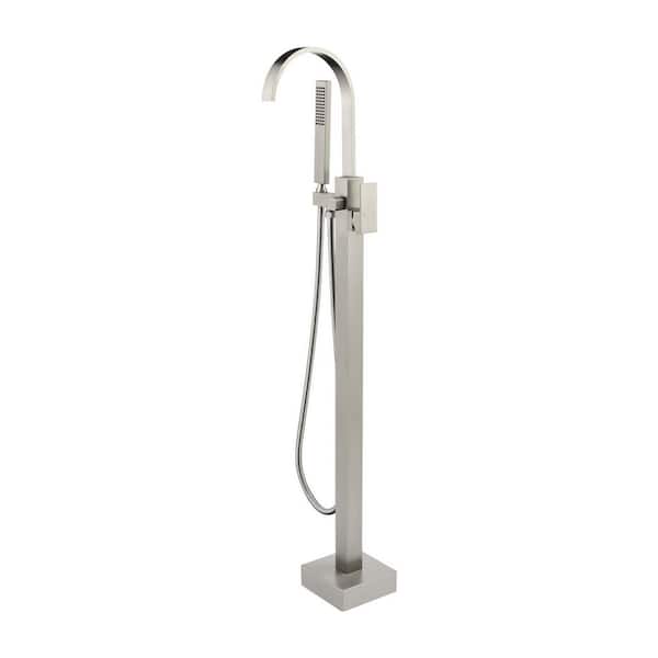 Single Handle Floor Mount Bathtub Faucet Freestanding Tub Filler Standing Shower Faucets with Handheld Shower in Nickel