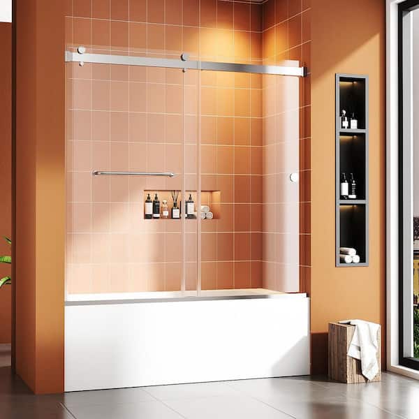 55 to 60 in. W x 56 in. H Sliding Tub Door in Silver with Explosion-Proof Film Tempered Clear Glass