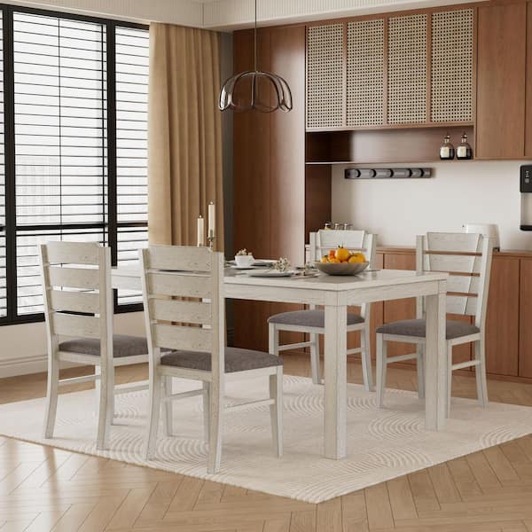 Gray Wood Dining Table Set with Cushioned Chairs - 5-Piece Modern Farmhouse Kitchen and Dining Room Table Set for 4