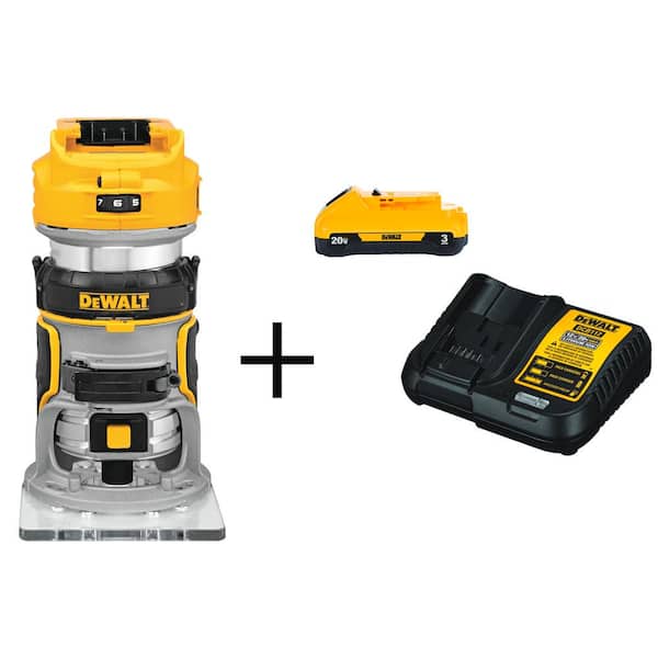 DEWALT 20V MAX XR Cordless Brushless Compact Router, (1) 20V MAX Compact Lithium-Ion 3.0Ah Battery, and 12V-20V MAX Charger