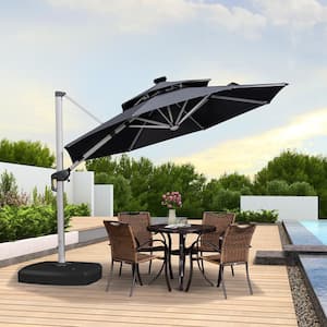 11 ft. Octagon Aluminum Solar Powered LED Patio Cantilever Offset Umbrella with Wheels Base, Gray
