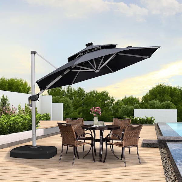 PURPLE LEAF 11 ft. Octagon Aluminum Solar Powered LED Patio Cantilever Offset Umbrella with Wheels Base, Gray