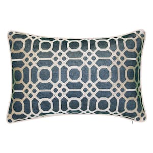 Indoor and Outdoor Navy Raffia Geometric Embroidery Lumbar 13 in. x 21 in. Decorative-Pillow