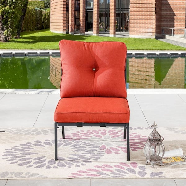 Metal Outdoor Armless Lounge Chair with Red Cushions