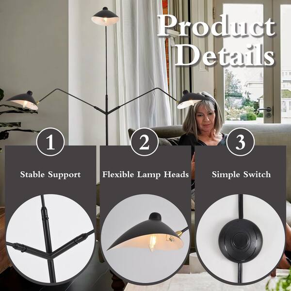 BAOURE 82. 37in Black Mid-Century Floor Lamp 3 Lights Dimmable