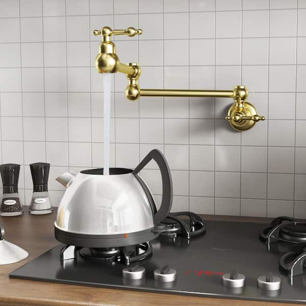 2-Handles Wall Mount Pot Filler Folding Kitchen Faucet With Double Joint Swing Arm in Brushed Gold