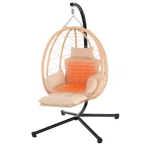 Kalorik Brown Patio Hanging Basket Heated Egg Chair, Rattan Wicker Swing Chair with UV Resistant Cushion and Pillow