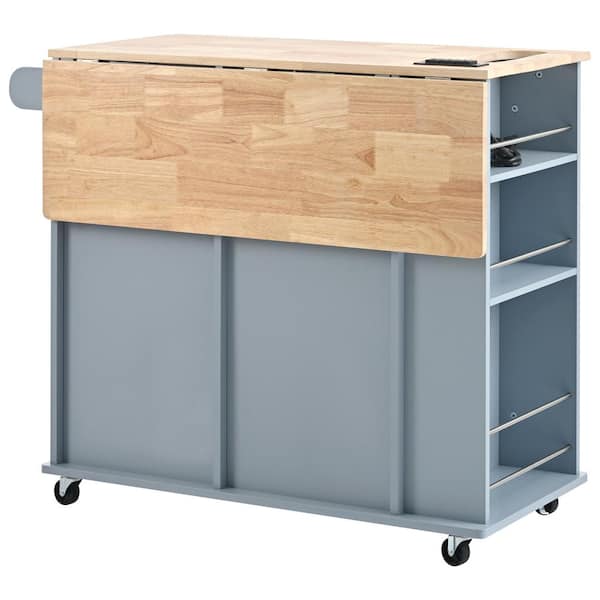 OLUMAT Blue Wood Tabletop 39.8 in. Kitchen Island with Drop Leaf, Power Outlet, Open Storage and Wine Rack