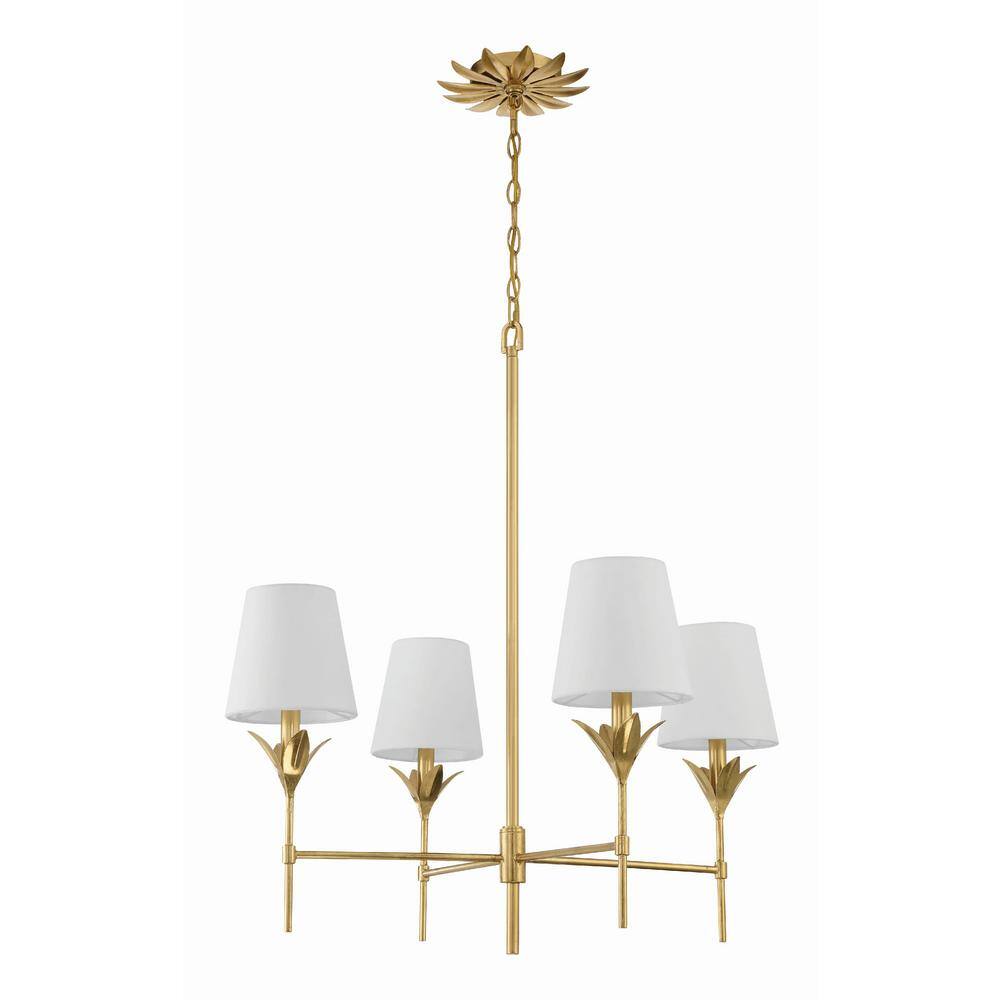 Antique Gold Crystal 4-Light Chandelier with White Silk Shades