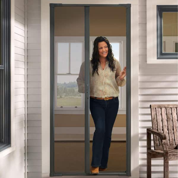 36 in. x 80 in. Luminaire Cracked Pepper Single Universal Aluminum Gliding Retractable Screen Door Fits 32-36in. Opening