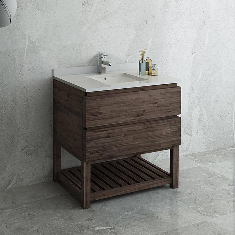 Elegant Acacia Wood 36" Vanity with Quartz Top and Open Shelf