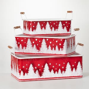 5.75 in. 6.75 in. and 8.75 in. Winter Scene Metal Box Planter - Set of 3 Red