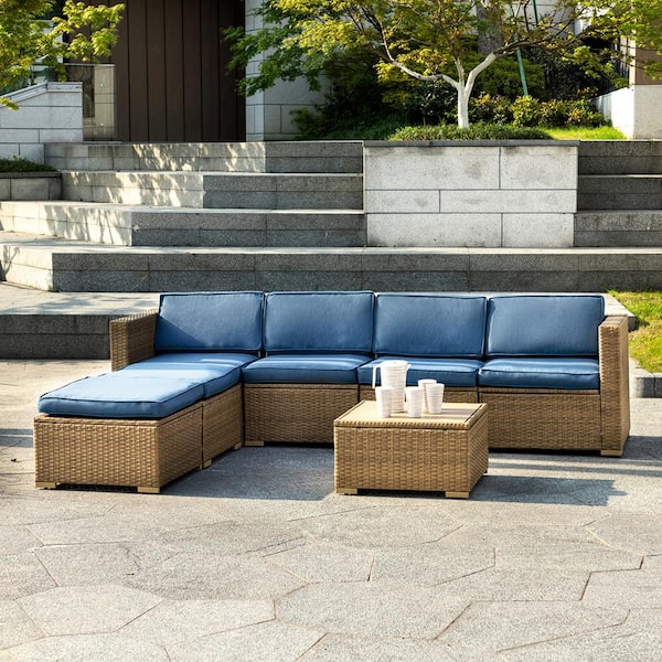 Cesicia Brown Frame 7-Piece Wicker Patio Conversation Sectional Seating Set with Navy Blue Cushions