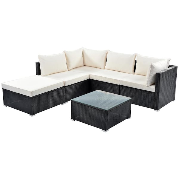 FORCLOVER 6-Piece Wicker Outdoor Patio Conversation Sectional Seating Set with Removable Beige Cushions