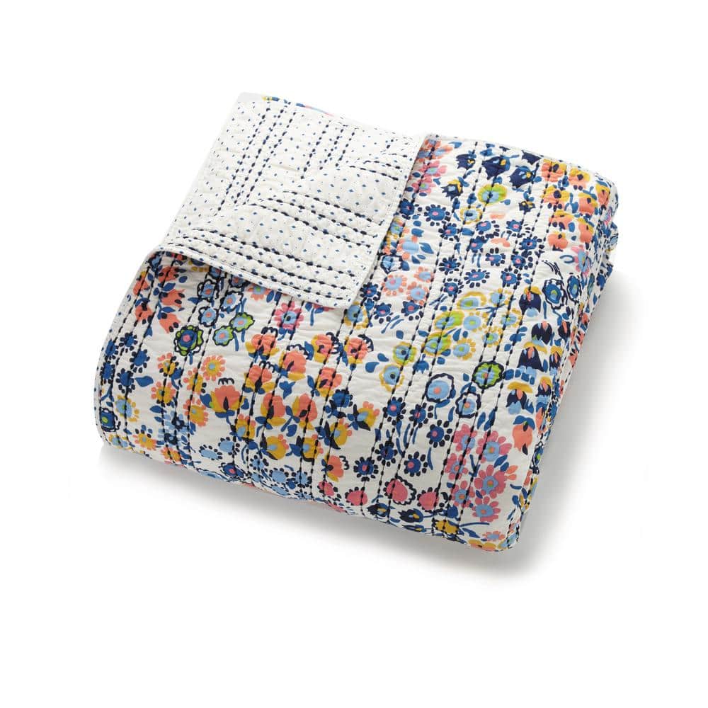 Blue Floral Cotton Twin Reversible Quilt Set