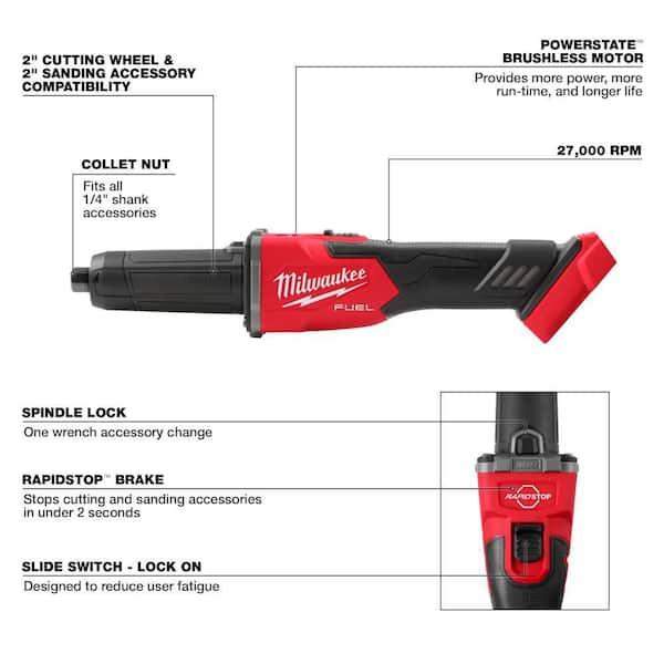 Milwaukee M18 FUEL 18V Lithium-Ion Brushless Cordless 1/4 in. Braking Die  Grinder Slide Switch w/M18 3/8 in. Impact Wrench 2939-20-2854-20 The Home  Depot