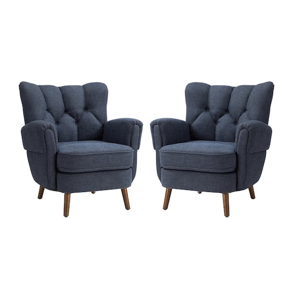 JAYDEN CREATION Emile Navy Armchair with Solid Wood Legs (Set of 2)