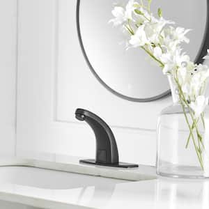 DC Powered Commercial Touchless Single Hole Bathroom Faucet With Deck Plate & Pop Up Drain In Matte Black