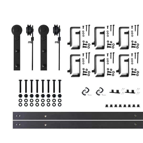 HOMACER 7.5 ft./90 in. Black Rustic Double Track Bypass U-Shape Sliding Barn Door Hardware Kit - Straight Design Roller