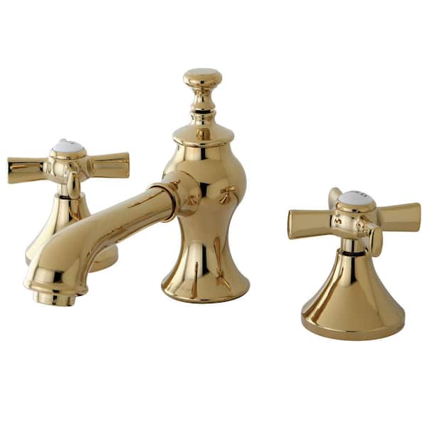 Kingston Brass Modern Cross 8 in. Widespread 2-Handle Mid-Arc Bathroom Faucet in Polished Brass
