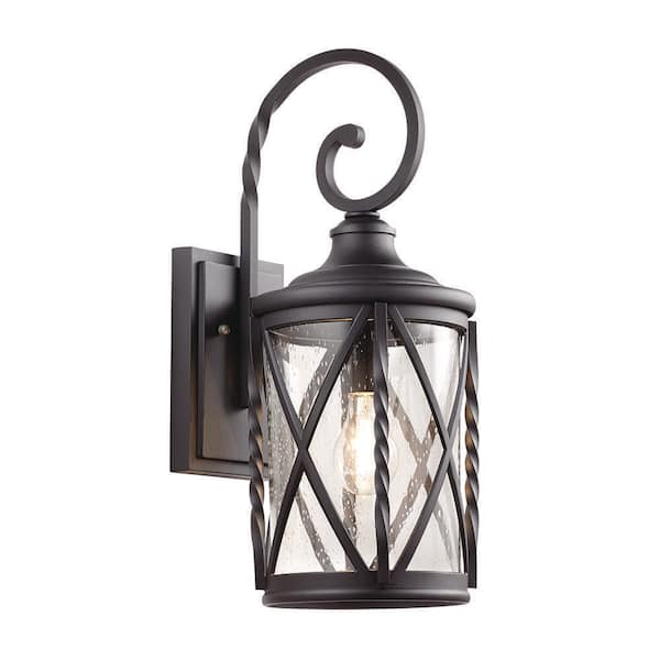 Walcott Manor 18.75 in. Black Outdoor Hardwired Wall Lantern Sconce with Clear Seeded Glass