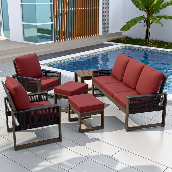 EAGLE PEAK 6-Piece Cedar Wood Wicker Outdoor Patio Conversation Sofa Set with Red Cushions, Slat Top Coffee Tables, Ottomans