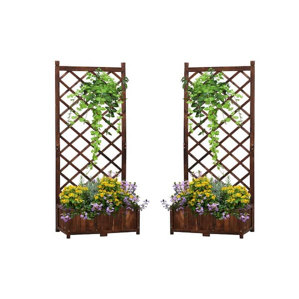 Anraja 67 in. Brown Wood Planter Box with Trellis, Outdoor Flower Raised Garden Bed (2-Pack)