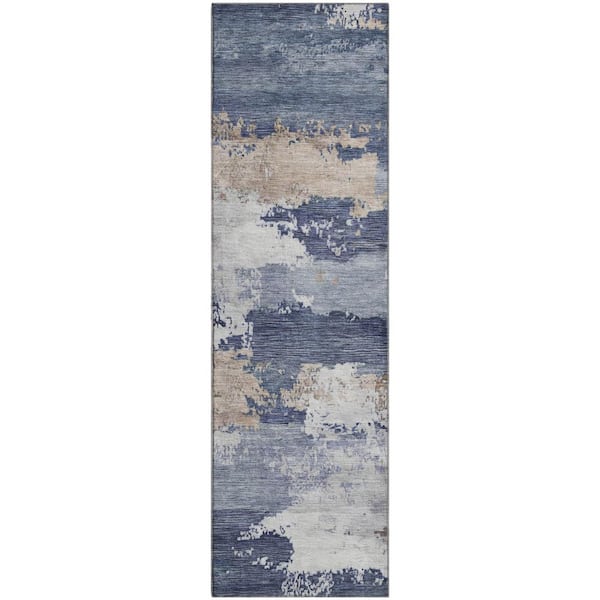 Mayfield Premium Machine Washable Abstract AMF2372 Navy 2 ft. x 7 ft. Runner Rug