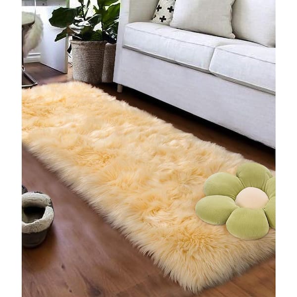 Sheepskin Faux Furry Pale Yellow Cozy Rugs 2 ft. x 6 ft. Area Rug Runner Rug