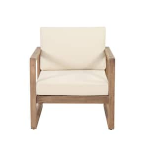 Outdoor Acacia Wood Patio Club Lounge Chair with Waterproof Thick Cushion for Porch, Garden, Backyard, Balcony, Beige