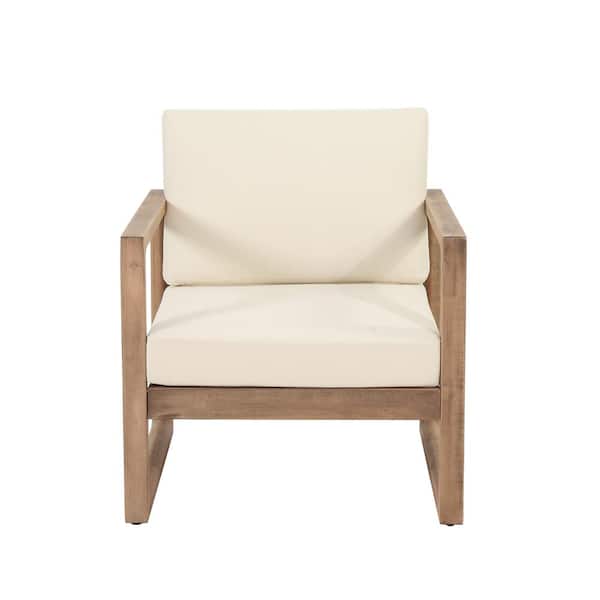 Unbranded Outdoor Acacia Wood Patio Club Lounge Chair with Waterproof Thick Cushion for Porch, Garden, Backyard, Balcony, Beige