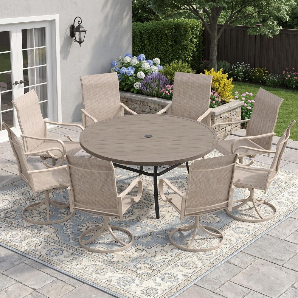 9-Piece Metal Outdoor Dining Set with 63 in. Gray Wood-Like Round Table and 8 Sandshell 363° Swivel Textilene Chairs price history on PriceWatchPro