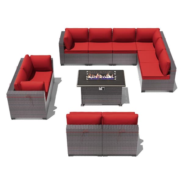 Halmuz 11-Piece Wicker Patio Conversation Set with 55000 BTU Gas Fire Pit Table and Glass Coffee Table and Red Cushions