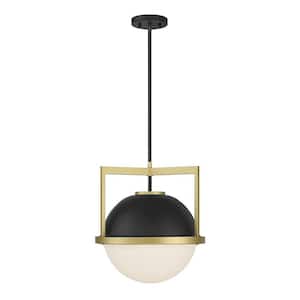 Carlysle 15 in. W x 17 in. H 1-Light Matte Black with Warm Brass Accents Statement Pendant Light with White Opal Glass