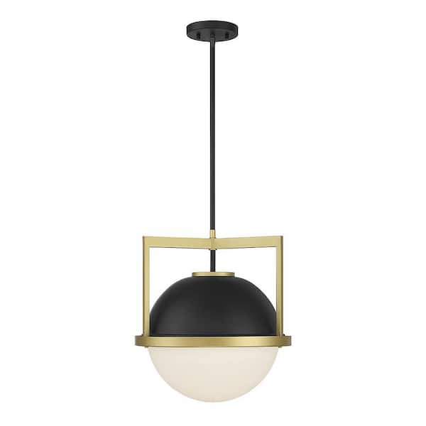 Savoy House Carlysle 15 in. W x 17 in. H 1-Light Matte Black with Warm Brass Accents Statement Pendant Light with White Opal Glass