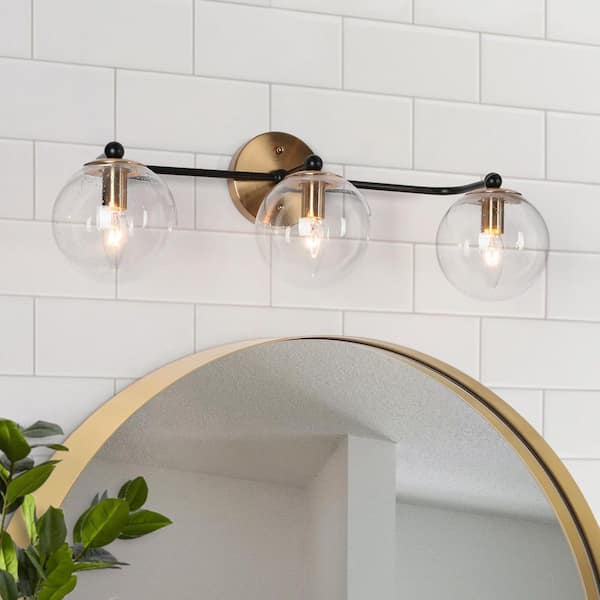 Modern 24.5 in. 3-Light Black Vanity Light, Bronze Gold Wall Sconces with Seeded Glass, Rustic Bathroom Wall Lights