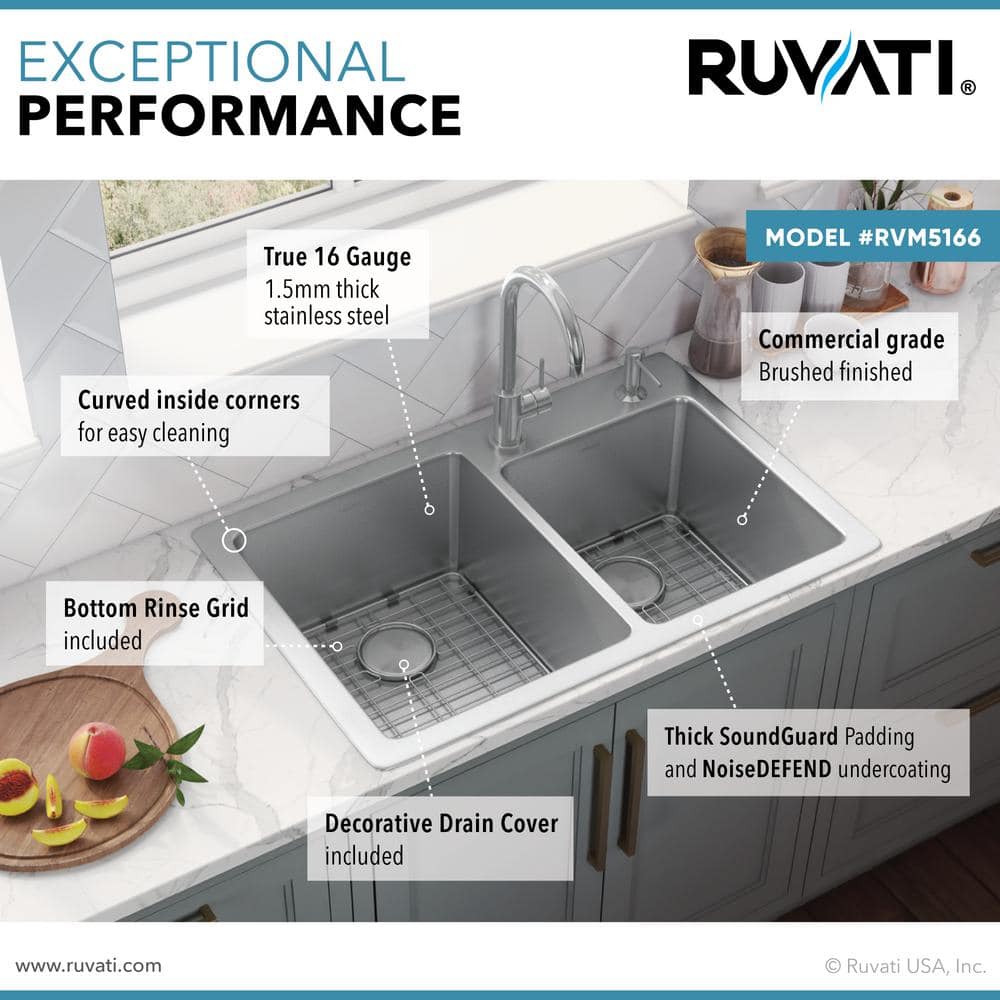 Ruvati 36" Stainless Steel Double Bowl Drop-In Kitchen Sink