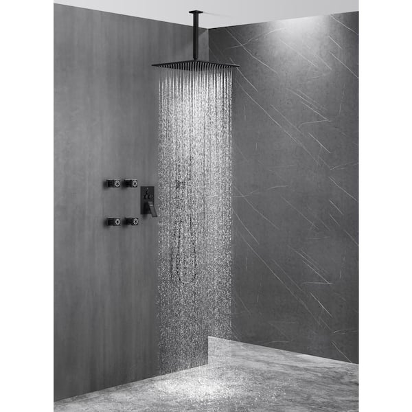 Single Handle 3-Spray Shower Faucet 1.8 GPM 10 in. Square Ceiling Mount with Pressure Balance in Matte Black with 4-Jet
