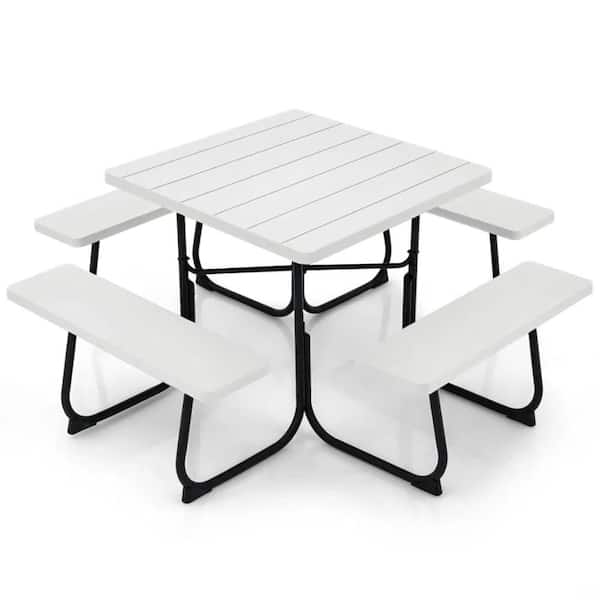 Unbranded 67 in. White Square High-Quality HDPE Cast Iron Picnic Table Seats 8 People with 4 Built-In Benches and Umbrella Hole