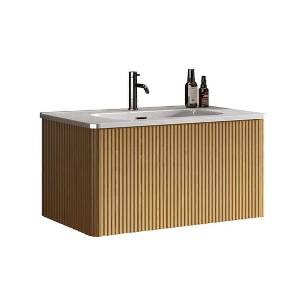 30 in. Single Sink Floating Oak Bath Vanity with White Ceramic Top (Assembled), U Shape Wall Fitting