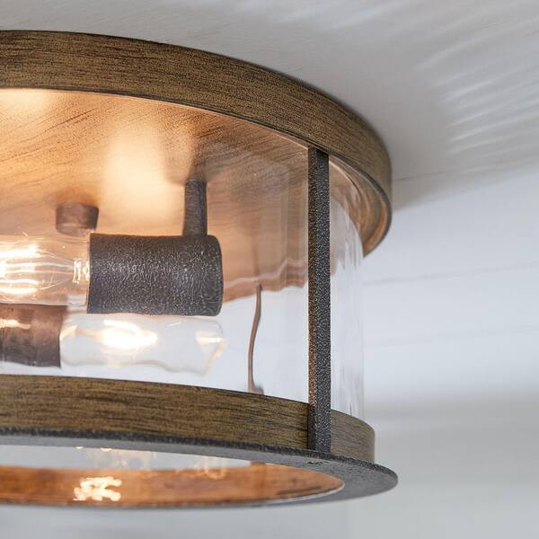 Generation Lighting - Angelo 13.75 in. 2-Light Distressed Weathered Oak and Slate Grey Metal Flush Mount with Thick Wavy Glass Shade