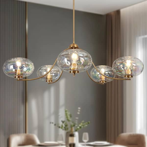 41.5 in. 5-Light Plating Brass Modern Sputnik Linear Dining Room Chandelier with Curvy Arms and Iridescent Glass Globes