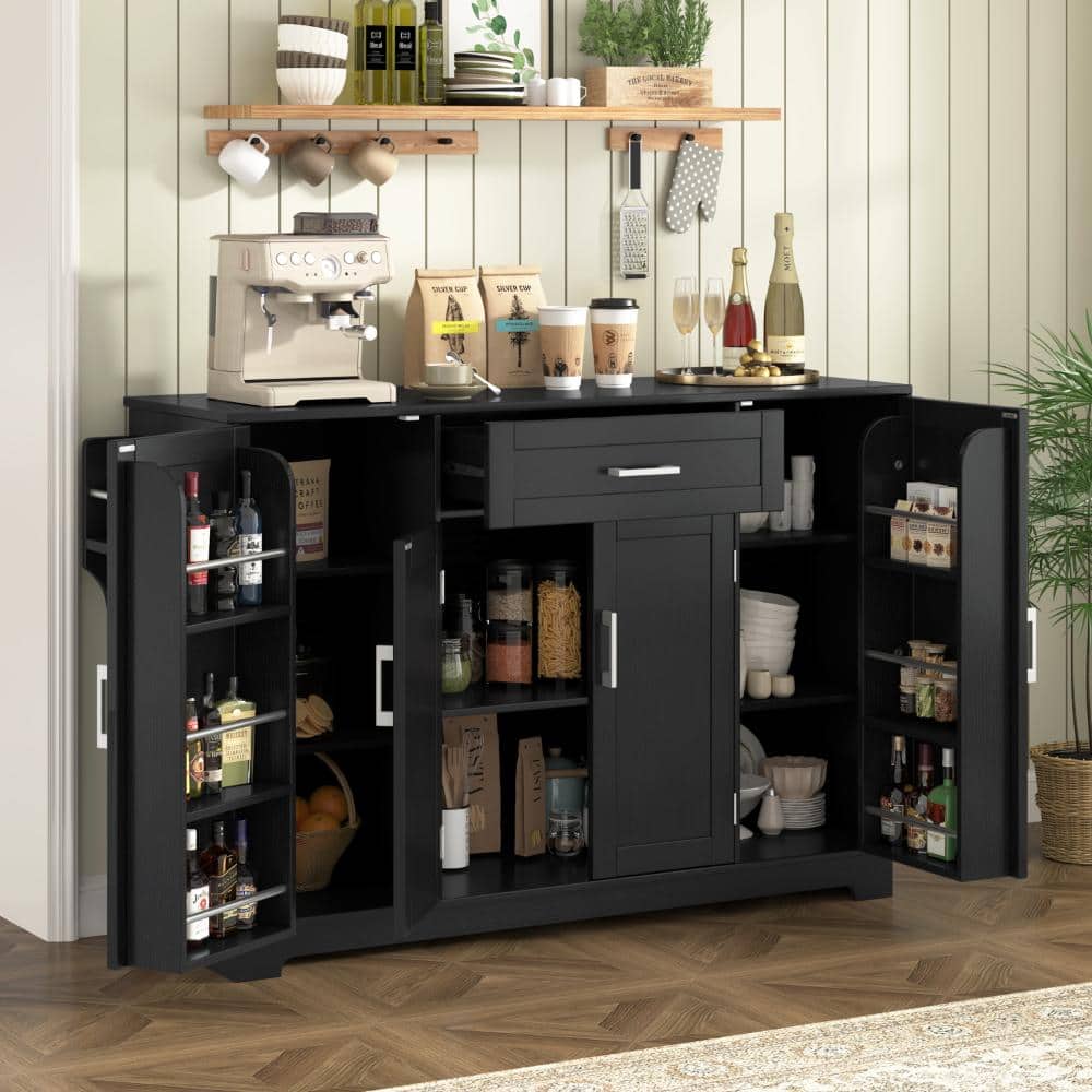 Black Wood Top Sideboard Buffet Cabinet with Drawer, Adjustable Shelves and Storage Rack
