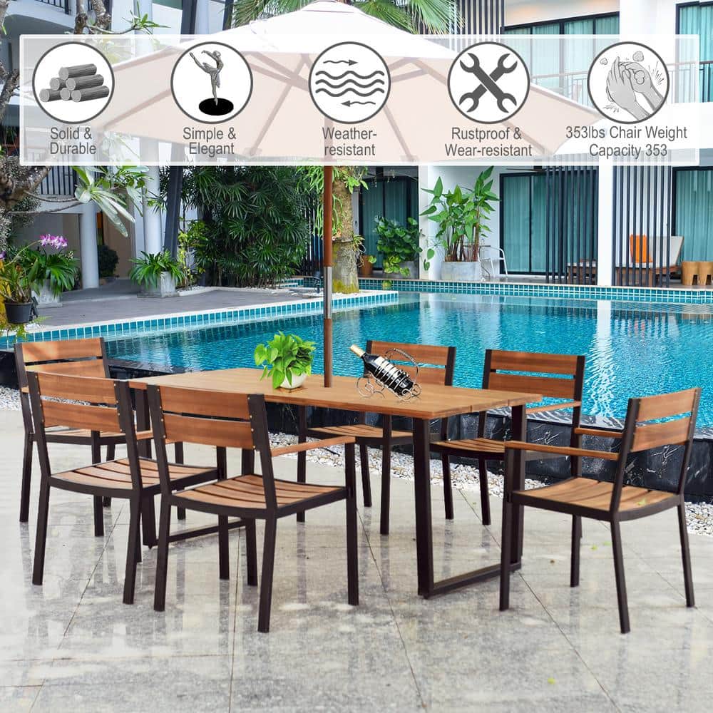 6-Person Brown Acacia Wood and Steel Outdoor Dining Set