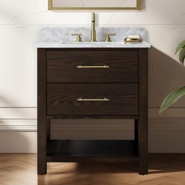 Windwood 30 in. W x 22 in. D Bath Vanity in Brown Oak with Natural Marble Vanity Top in Carrara White with White Sink