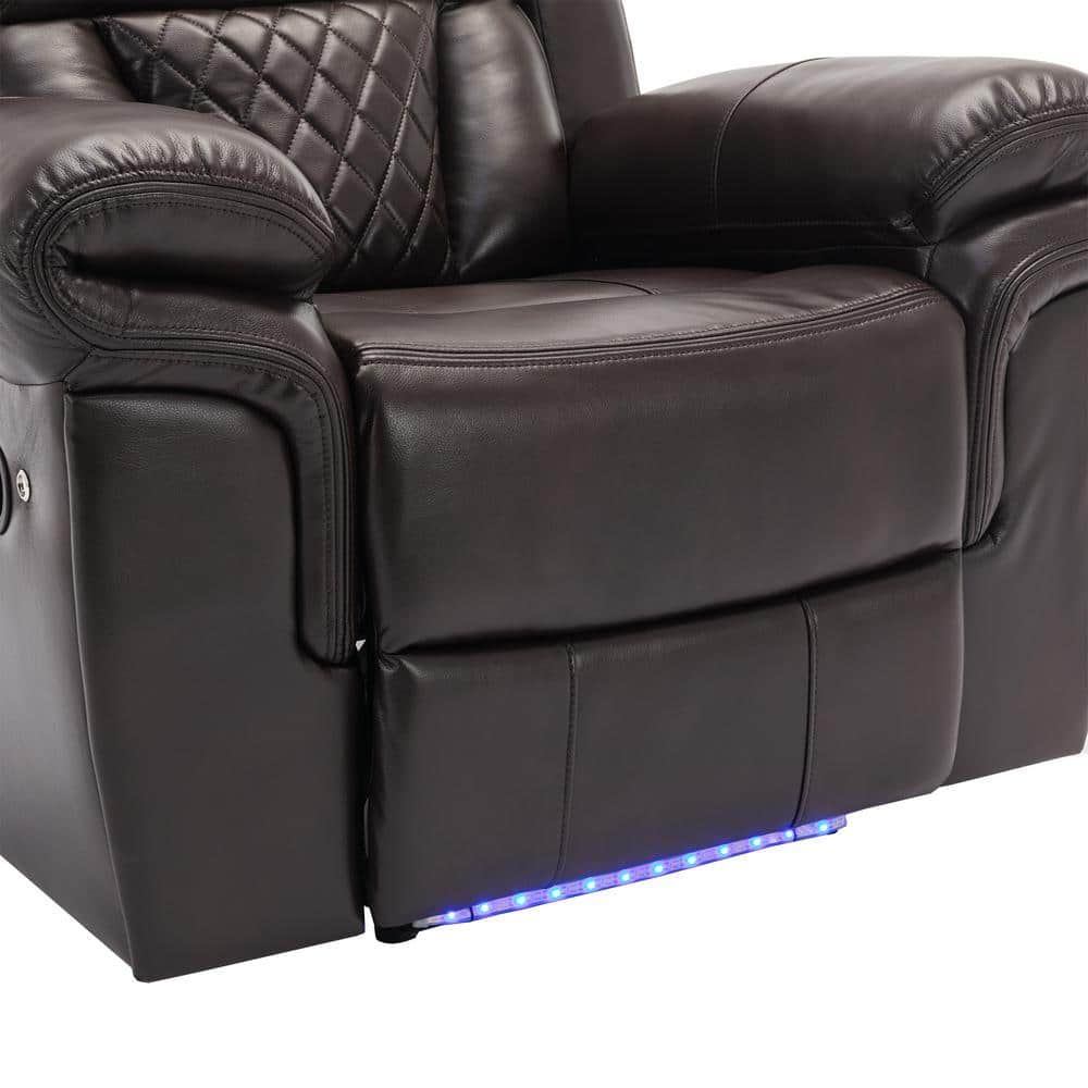 Front angle view of a brown leather manual recliner chair.