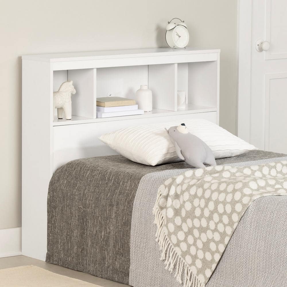 Twin White Wood Bookcase Headboard with Storage