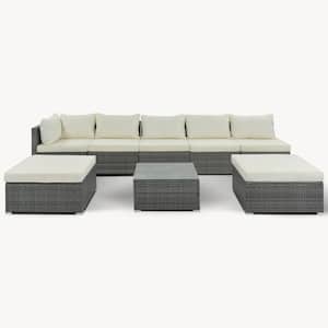 Anky Gray 8-Piece Wicker Patio Conversation Set with Beige Cushions