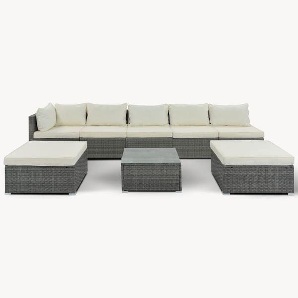 Miscool Anky Gray 8-Piece Wicker Patio Conversation Set with Beige Cushions
