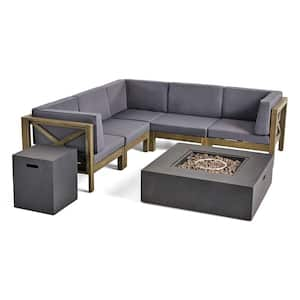 Brava Grey 7-Piece Wood Outdoor Patio Fire Pit Sectional Seating Set with Dark Grey Cushions